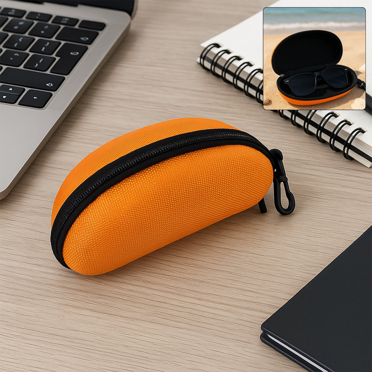A black zipper sunglasses case displayed open, showing the soft interior lining. Main image