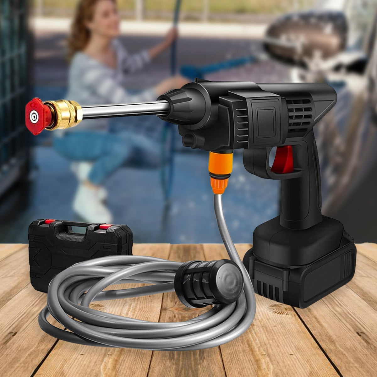Front view of the 48V cordless car pressure washer, ready for action. Main image