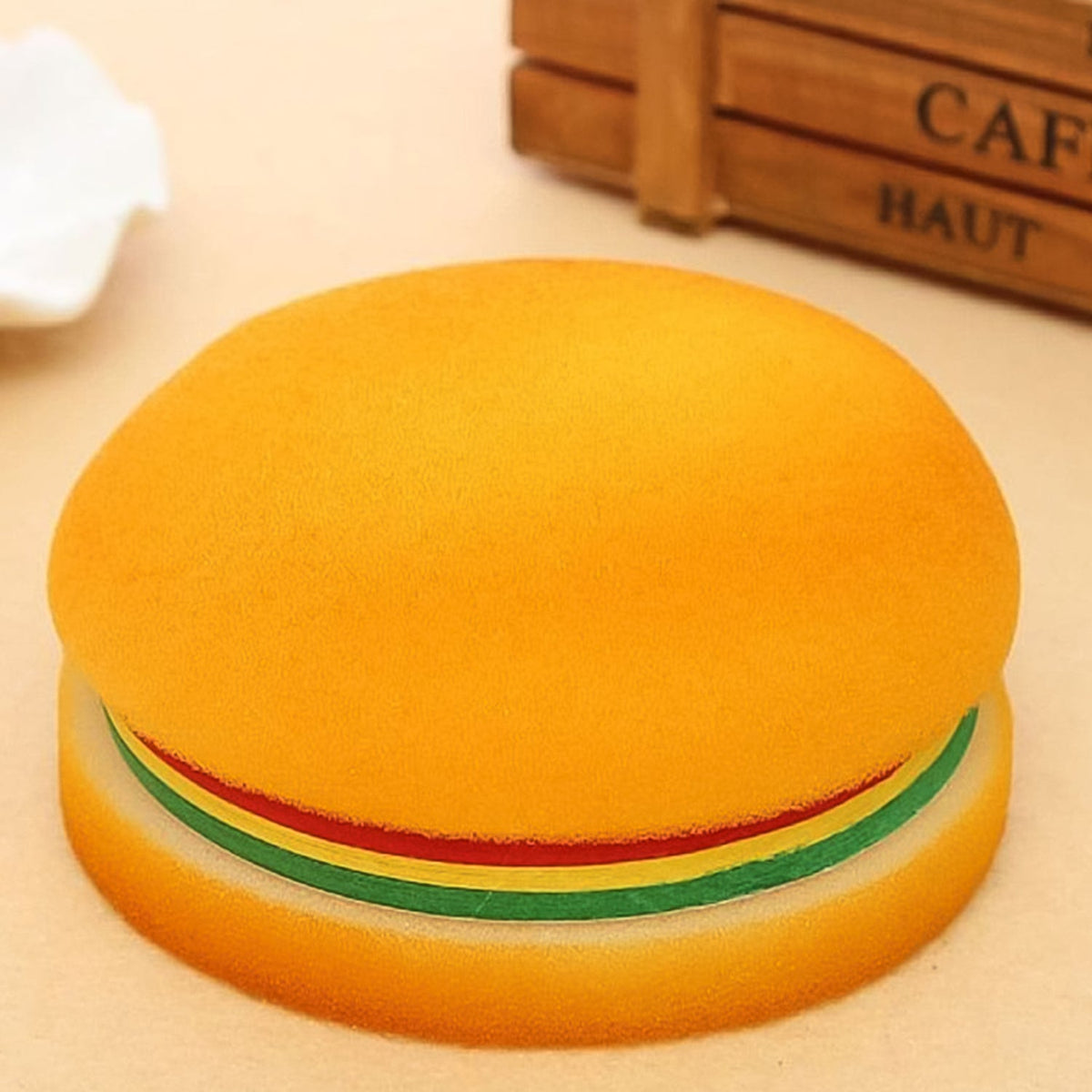 Close-up of burger-shaped sticky notes, showcasing their realistic design and vibrant colors. Main image