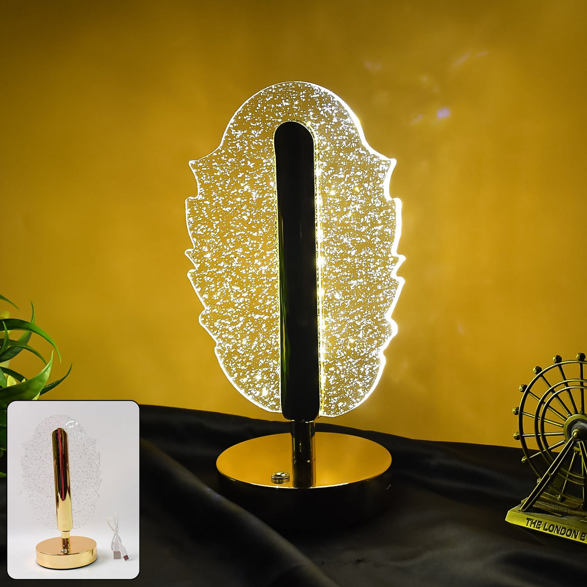 Feather Shape Crystal Table Lamp with warm LED light on metallic base Main image