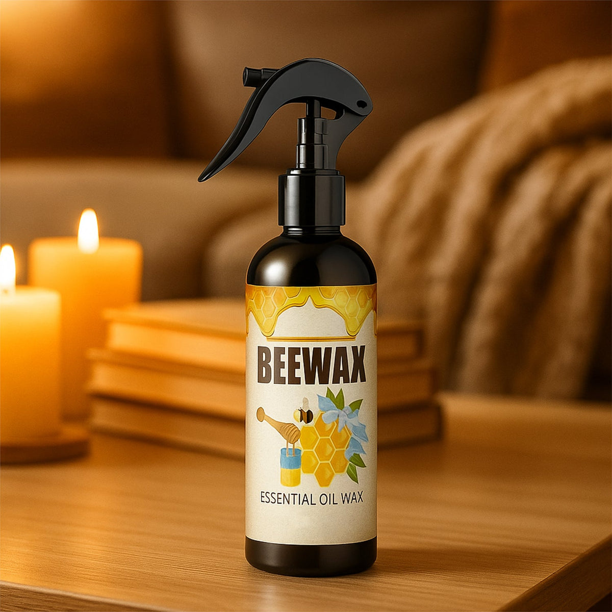 Beeswax wood polish spray bottle on wooden surface Main image