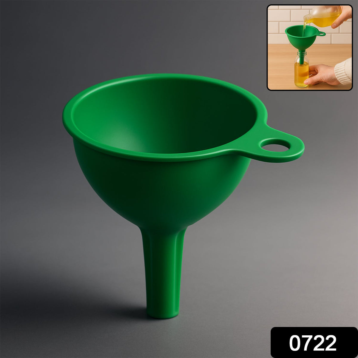 Food-grade silicone funnel smoothly pouring cooking oil into a glass bottle, preventing spills. Main image