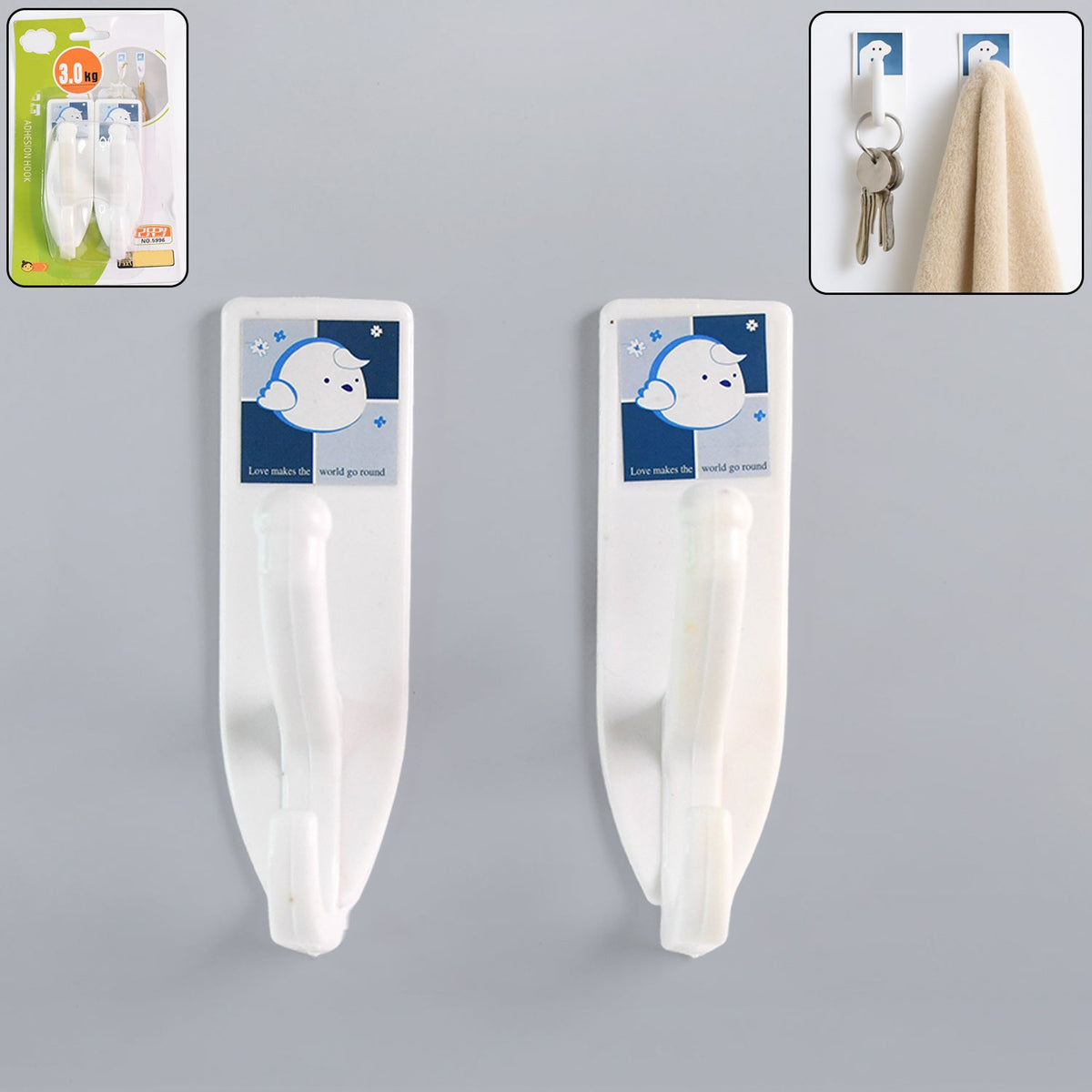 Set of strong self-adhesive multipurpose wall hooks on a white background, ready for use. Main image