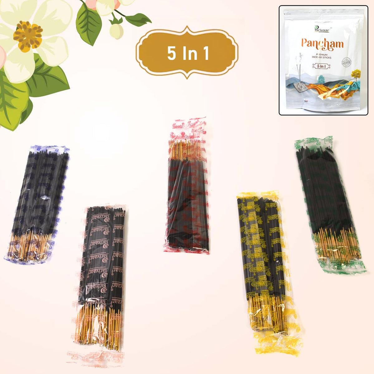 5in1 Pancham Premium Incense Sticks 450g package with vibrant design. Main image