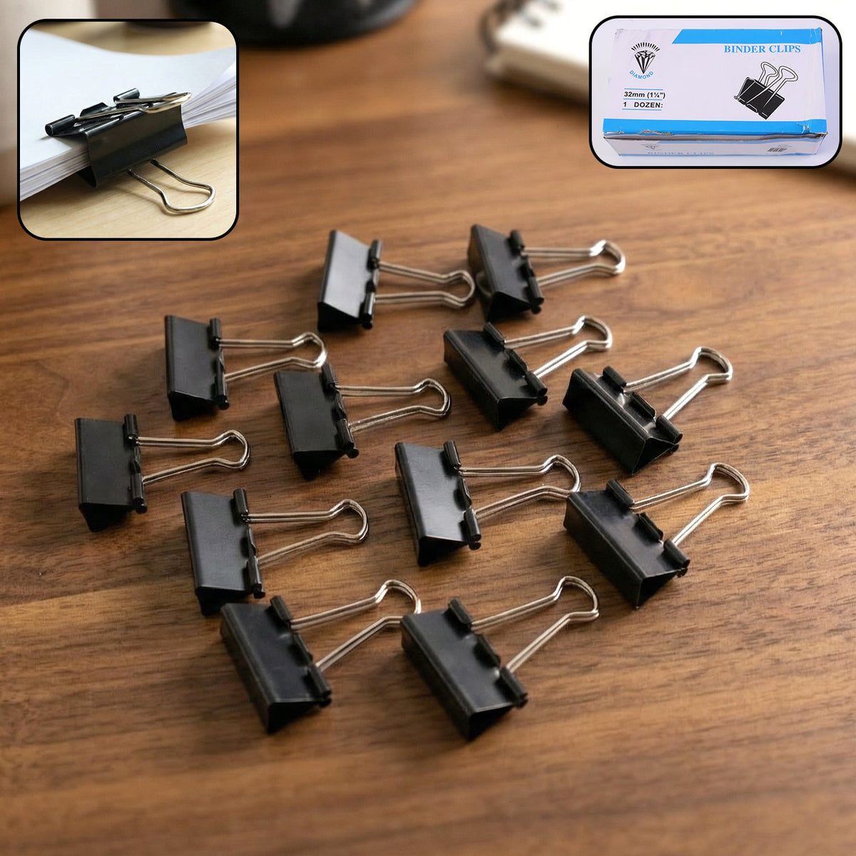 Black metal binder clips 32mm holding documents securely Main image