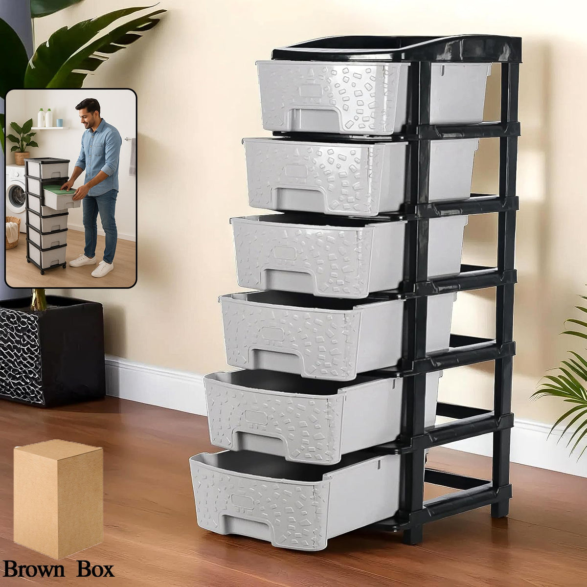 6-layer plastic drawer organizer cabinet with stone texture grey drawers and black frame Main image