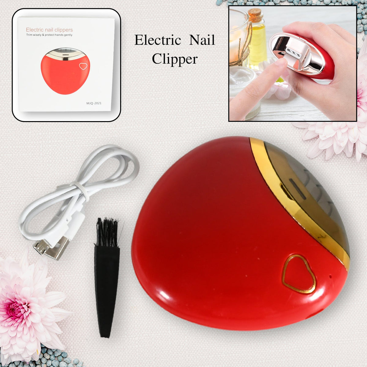 Person holding compact electric nail clipper and file suitable for safe nail trimming Main image