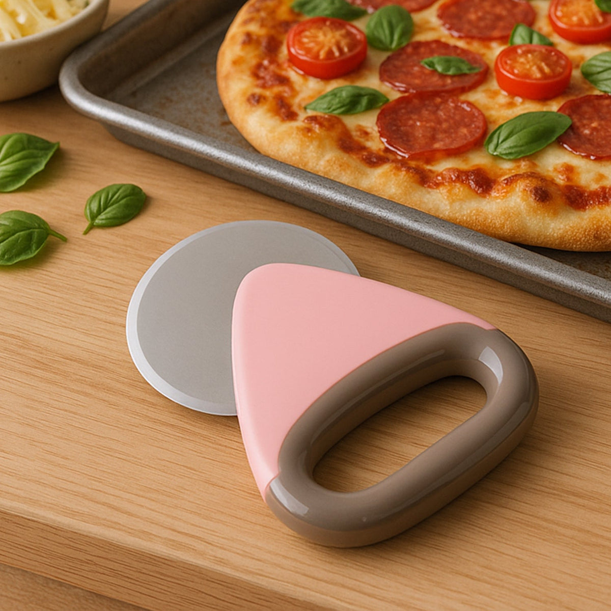 Ergonomic pizza cutter with sharp stainless steel blade on white background Main image