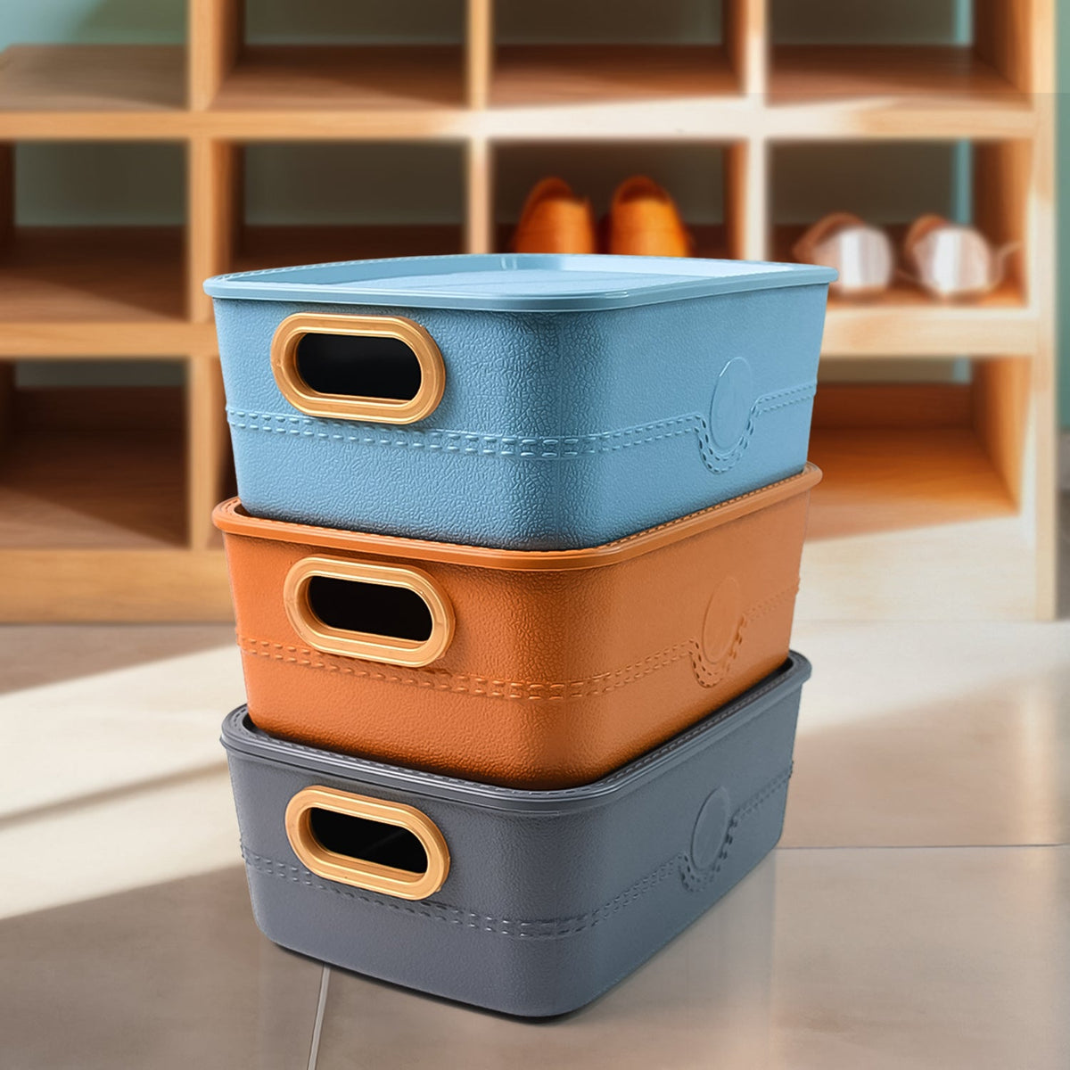 3-piece plastic storage basket set with handles in vibrant colors Main image