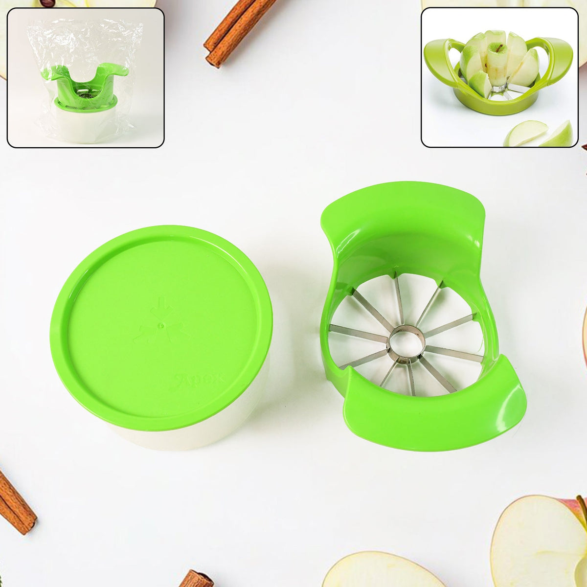 Apple cutter with container showing stainless steel blades slicing apple Main image