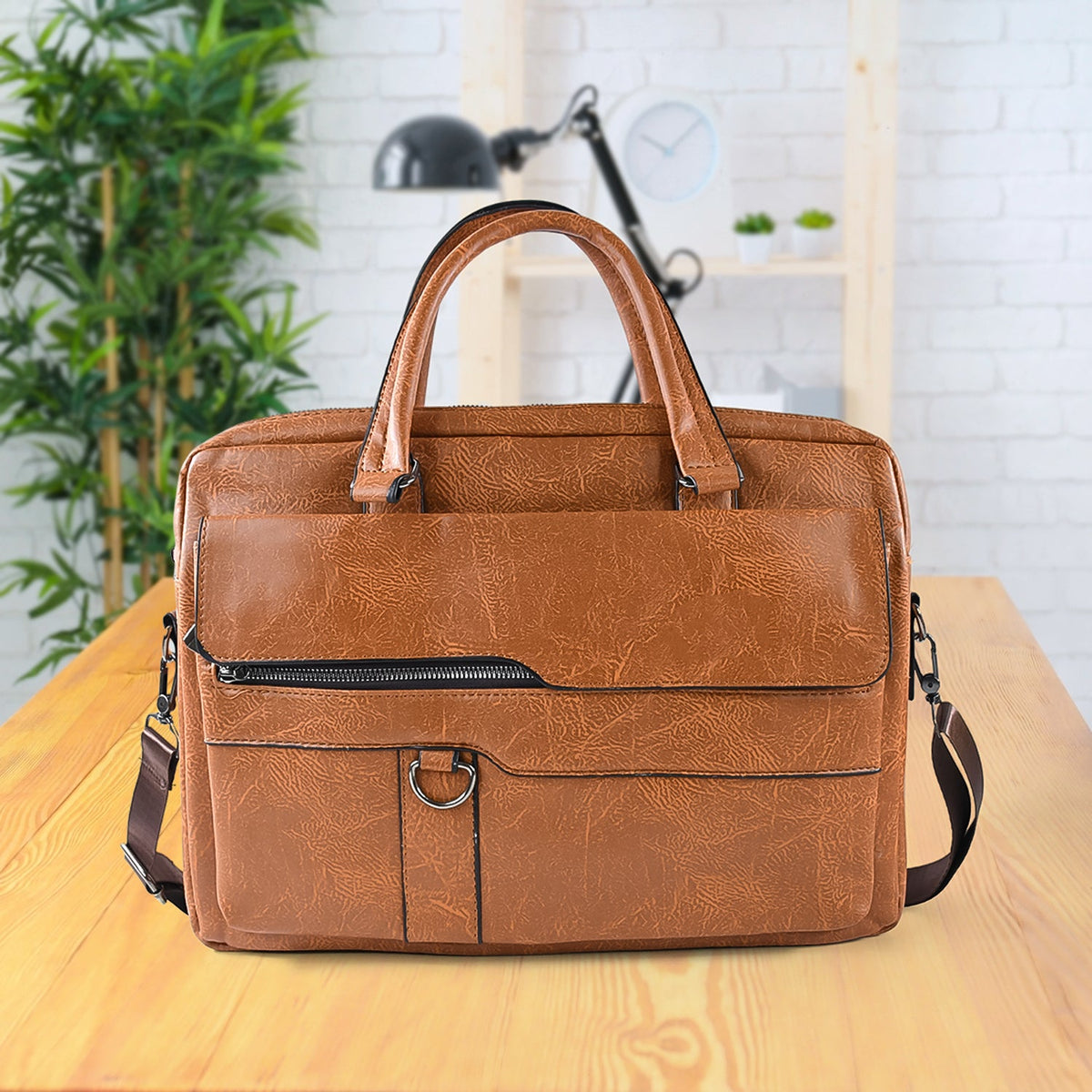Tan brown faux leather laptop messenger bag with shoulder strap and handles Main image