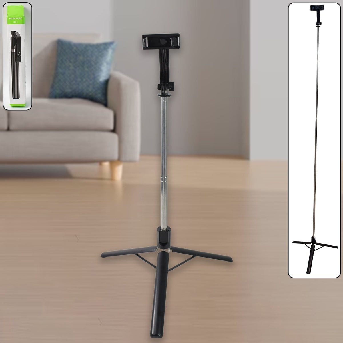 Adjustable selfie stick with tripod stand and Bluetooth remote in use Main image