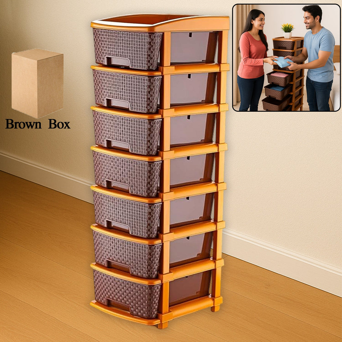 Front view of 7-layer plastic storage drawer organizer with woven texture Main image