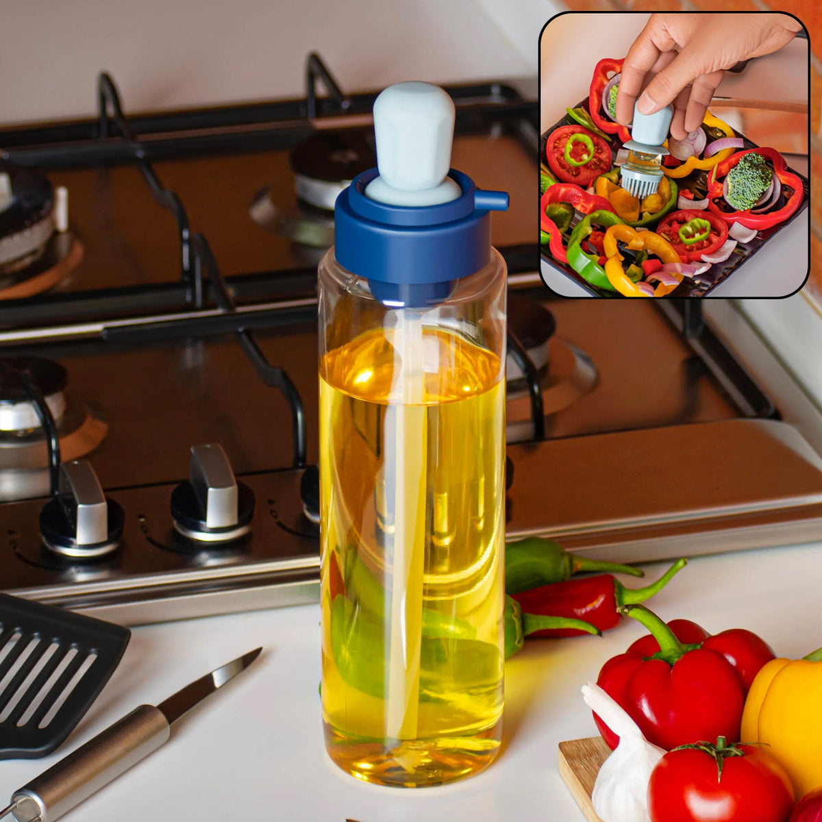 Transparent 1L oil dispenser bottle with integrated silicone dropper and brush for cooking. Main image