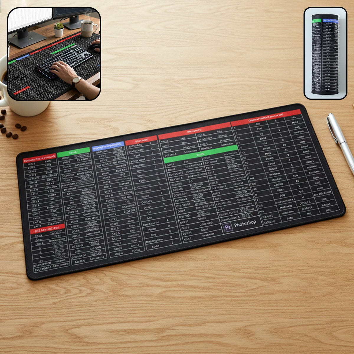 Large shortcut keyboard mouse pad with printed shortcut guide for efficient workspace Main image