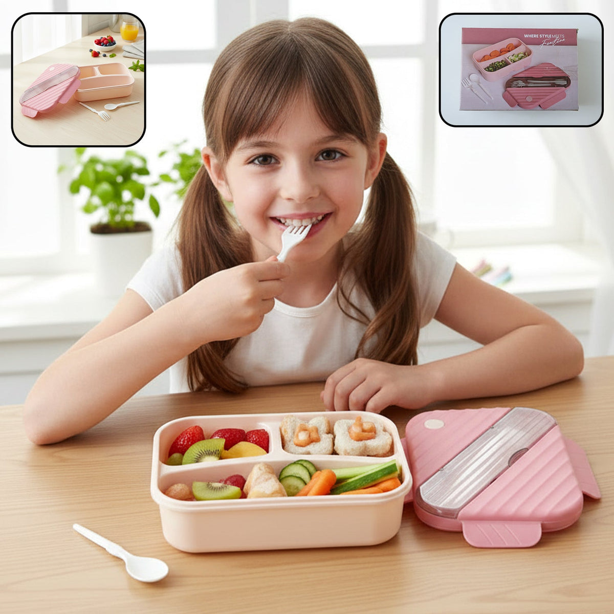 Plastic 3 compartment lunch box for kids, with separate food sections and secure lid Main image