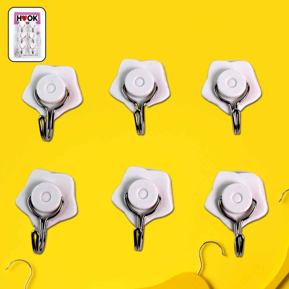 A set of six colorful self-adhesive wall hooks displayed against a clean background. Main image