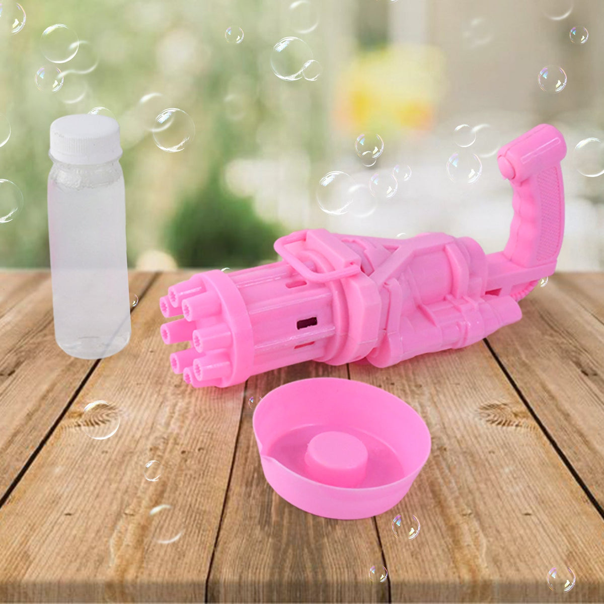 Front view of the 8-hole bubble gun toy in action, creating a stream of bubbles. Main image