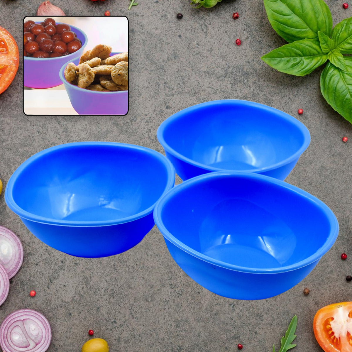 A set of three colorful BPA free plastic bowls, perfect for serving cereal or snacks. Main image