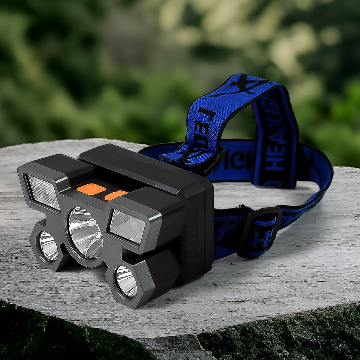 Front view of the Indo Glow USB Rechargeable Headlamp with 5 bright LEDs. Main image