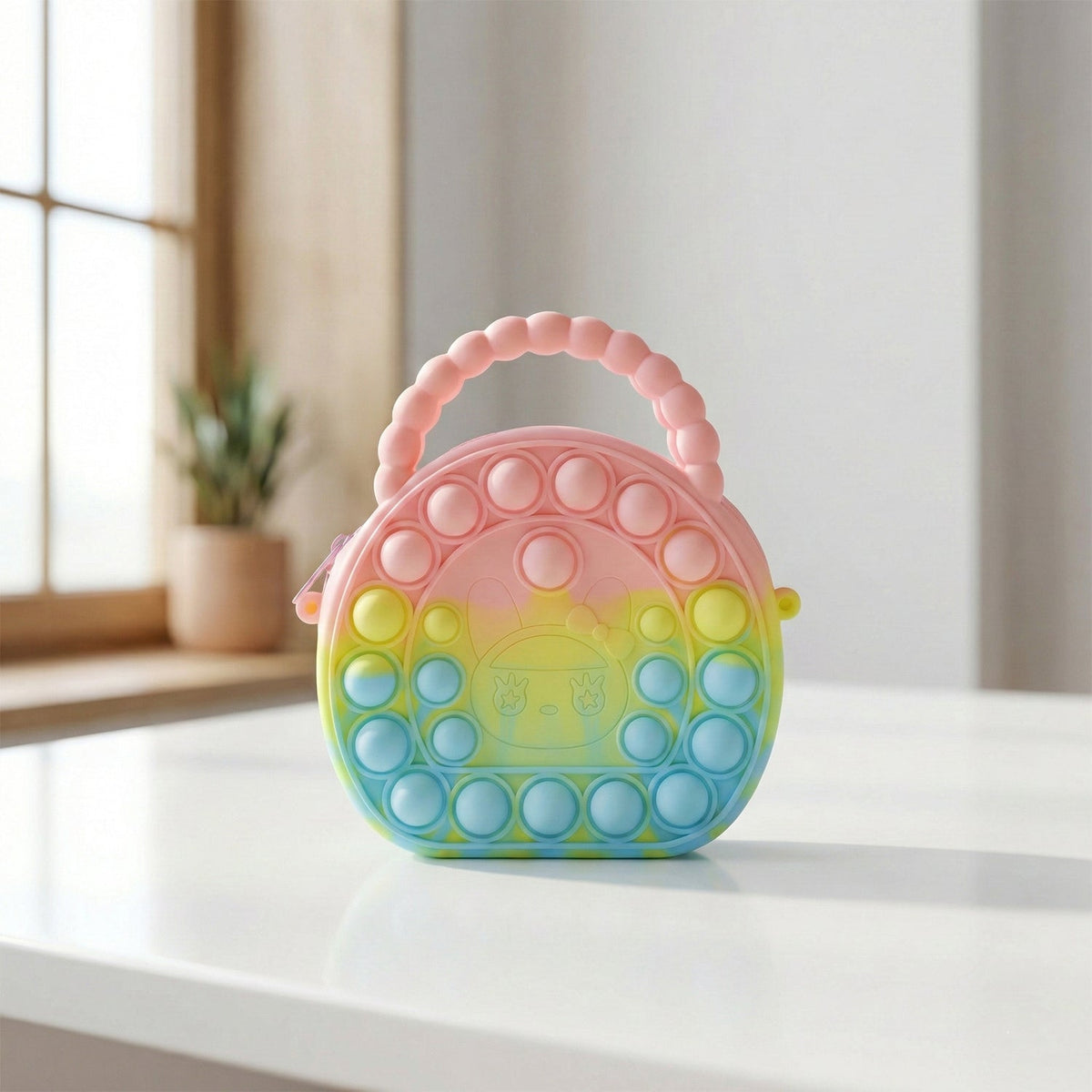 Rainbow round silicone pop it coin purse with zipper and beaded handle Main image
