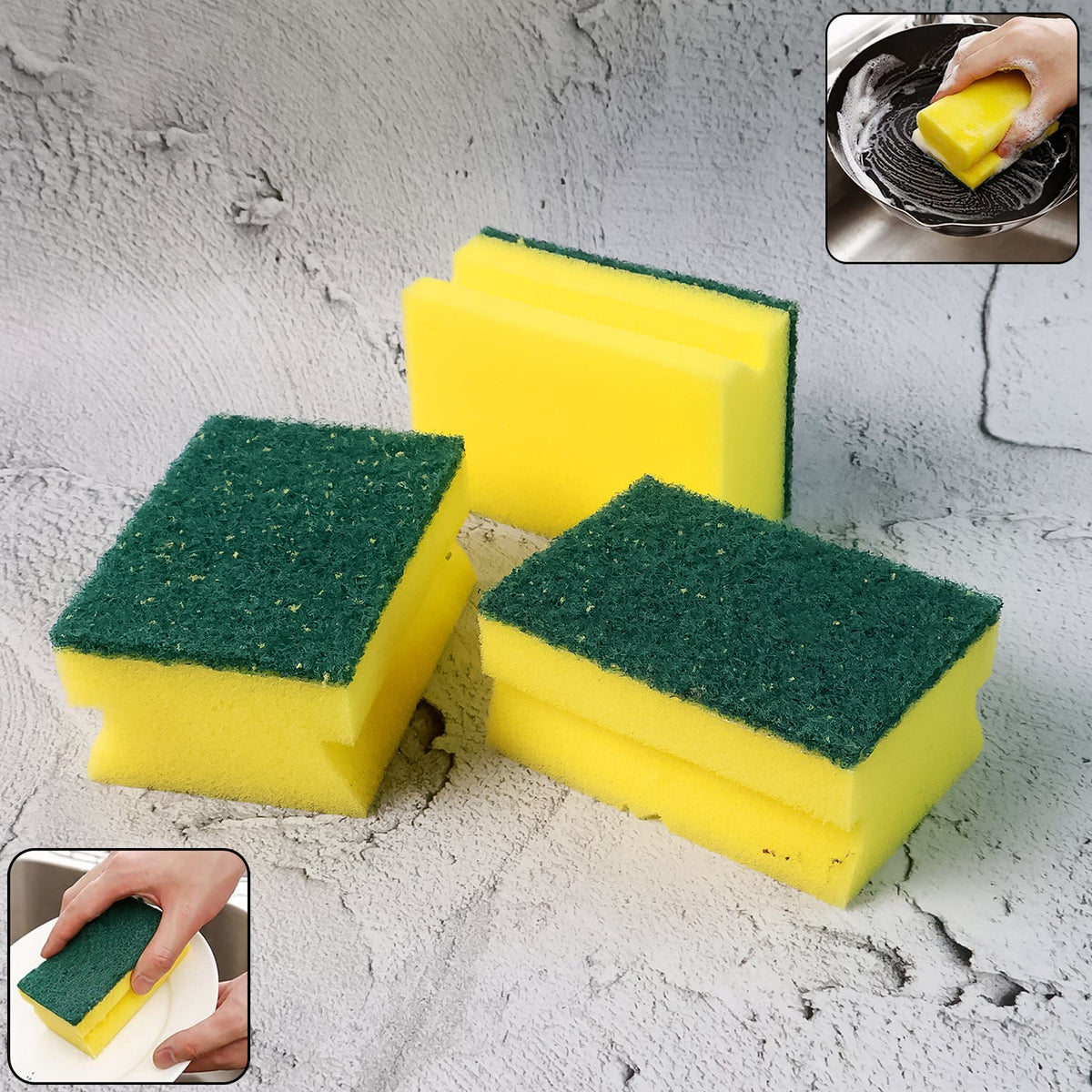 A Bathora 2-in-1 scrub sponge with a green scrubbing surface and a yellow sponge side. Main image