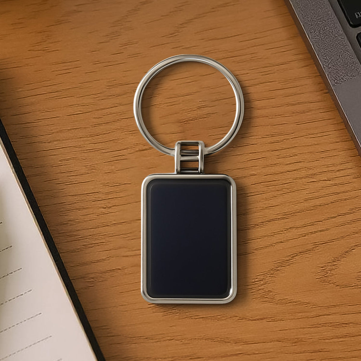 Premium rectangular black and silver metal keychain with glossy finish Main image