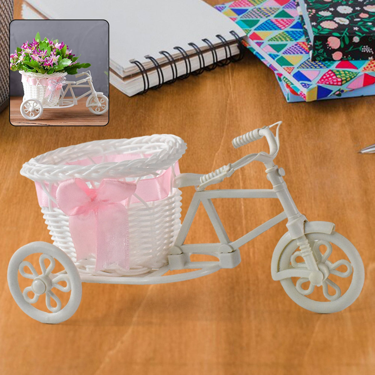 Bicycle-shaped plastic flower pot stand enhancing home decor Main image