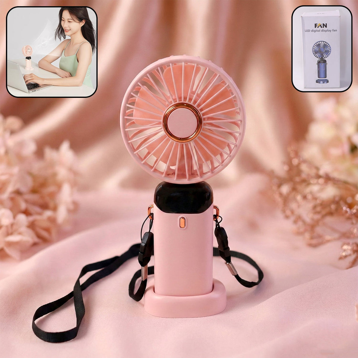 Rechargeable handheld fan with digital battery display for portable cooling Main image