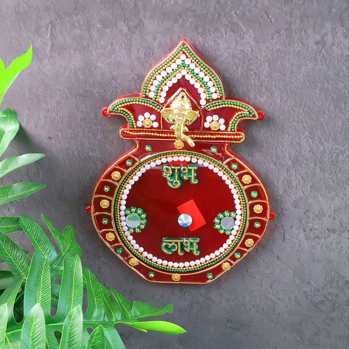 Decorative Kalash wall hanging with Shubh Labh inscriptions and bead embellishments Main image