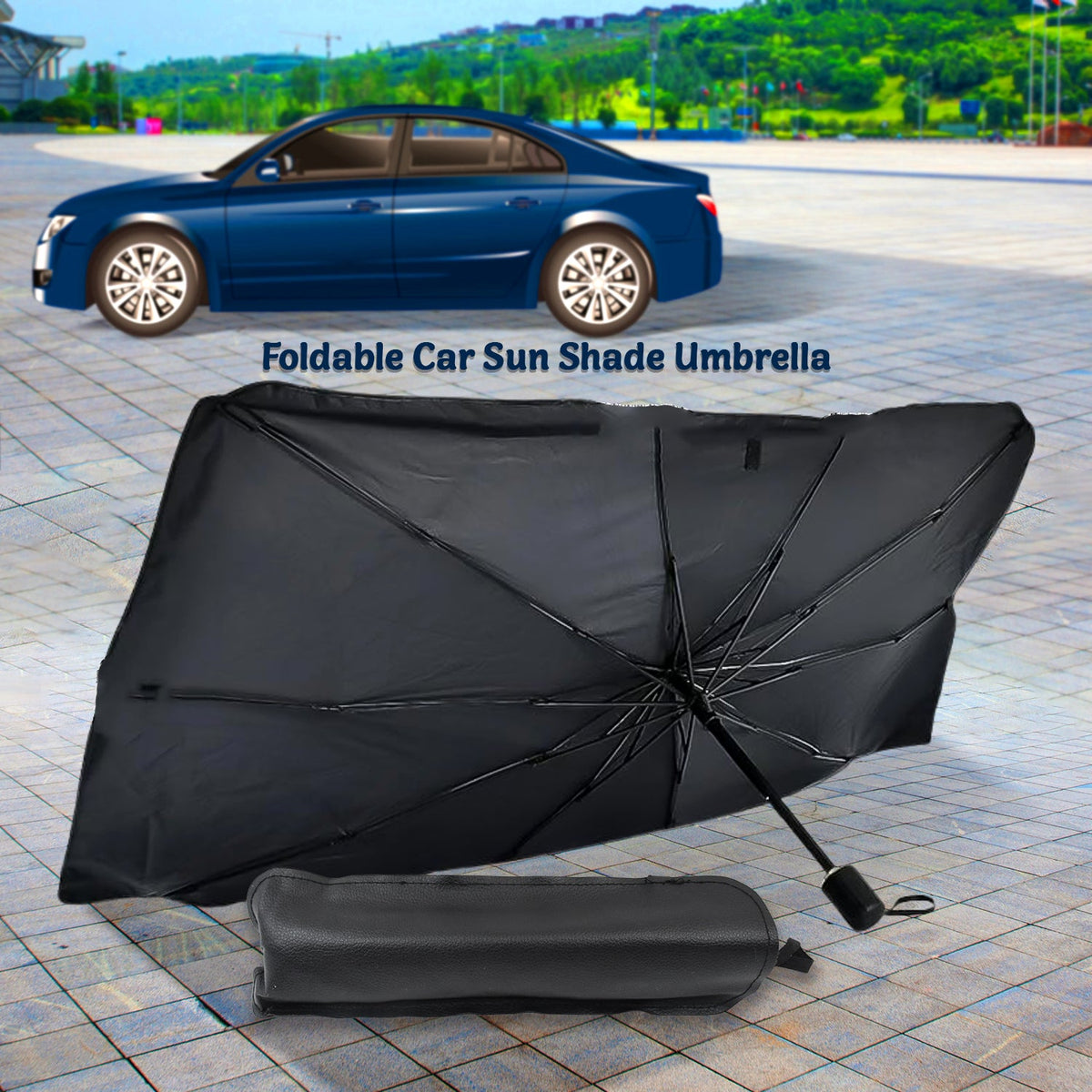 The Car Windshield Sun Shade umbrella-style cover shown open, protecting a car's interior. Main image
