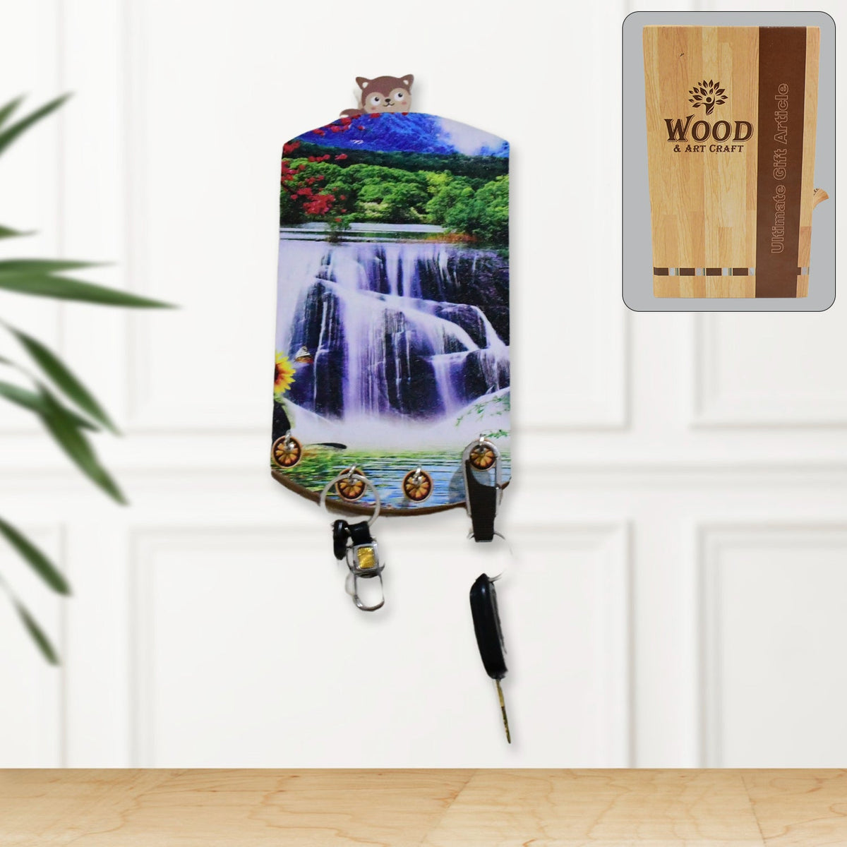 Vertical wooden wall decor with scenic art and integrated hanging hooks. Main image