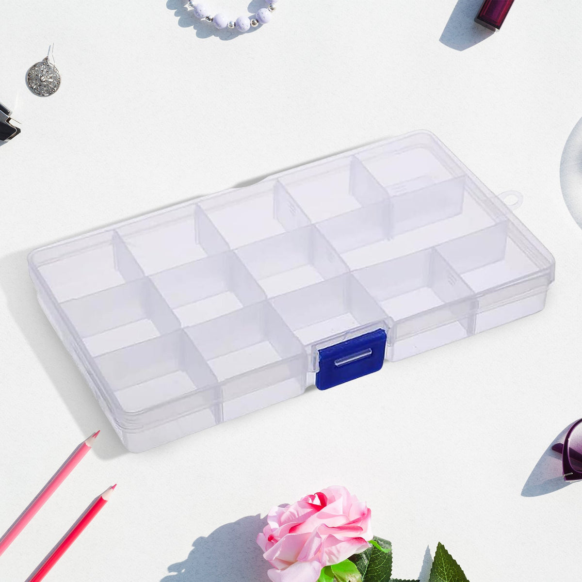 15-grid clear plastic jewellery organizer box with adjustable dividers, perfect for storing small items. Main image