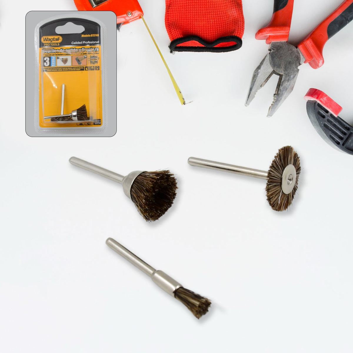Complete set of 3 Brass Wire Wheels for rust removal and metal cleaning tasks. Main image