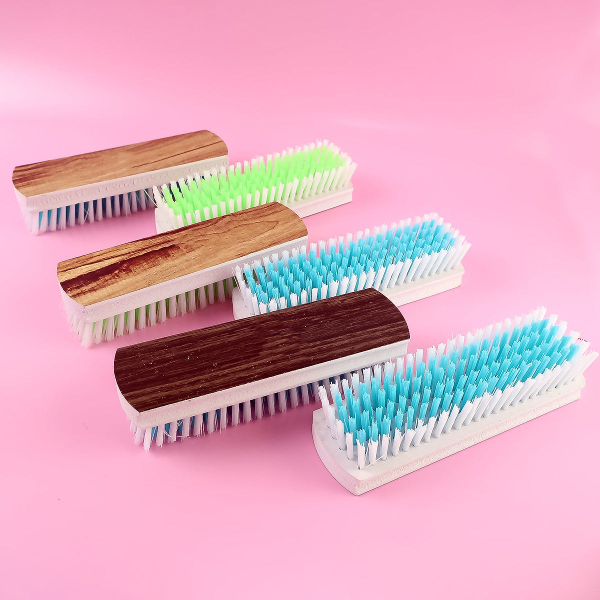 Cloth washing scrub brush set with wooden handles and multi-color bristles Main image