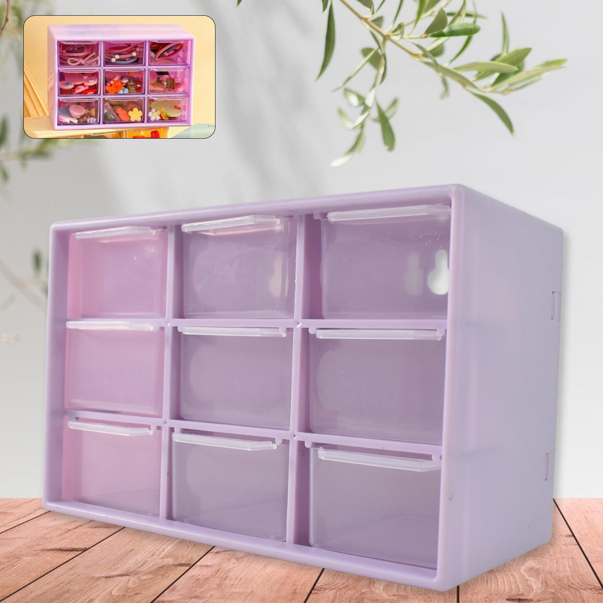 Compact plastic jewellery drawer organizer with 9 transparent compartments Main image