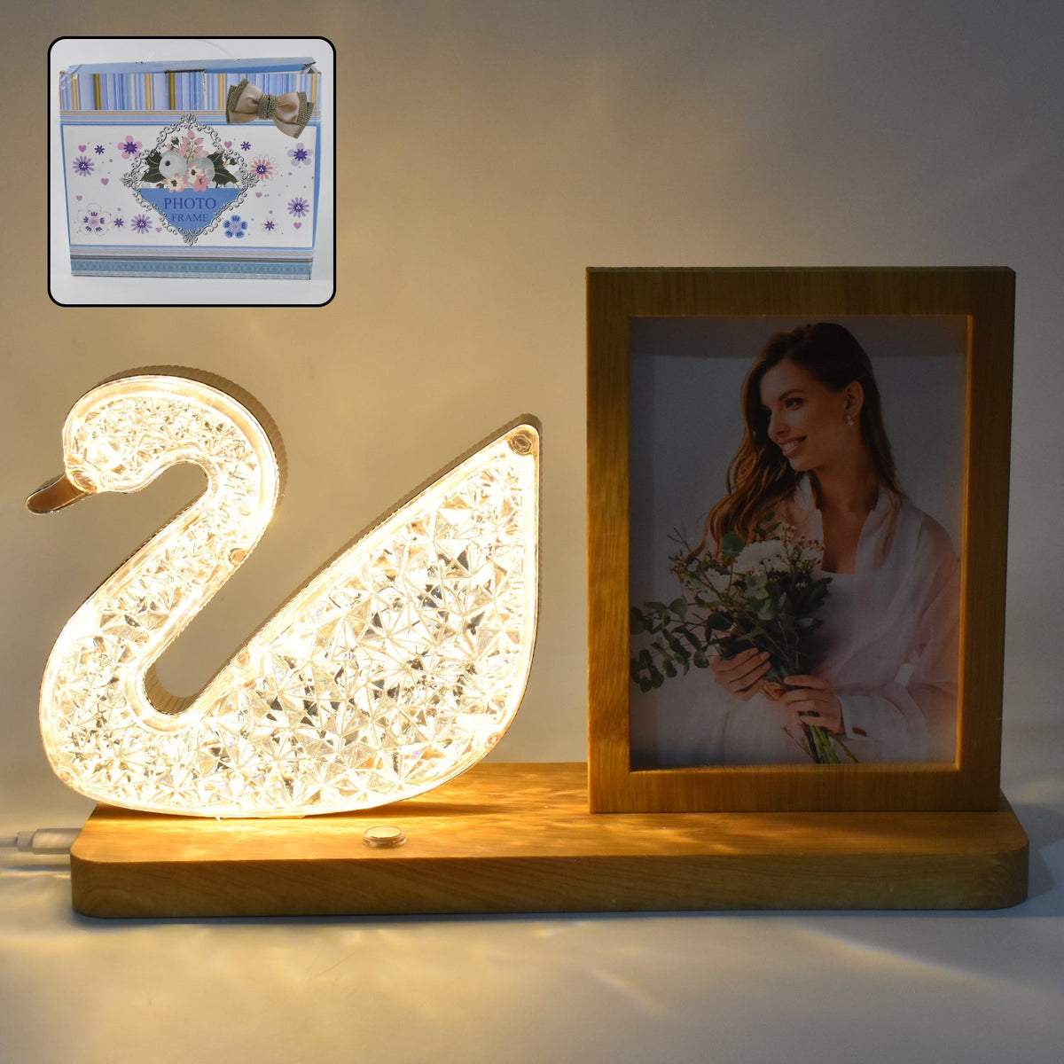 Duck-shaped crystal LED lamp glowing softly with photo frame Main image