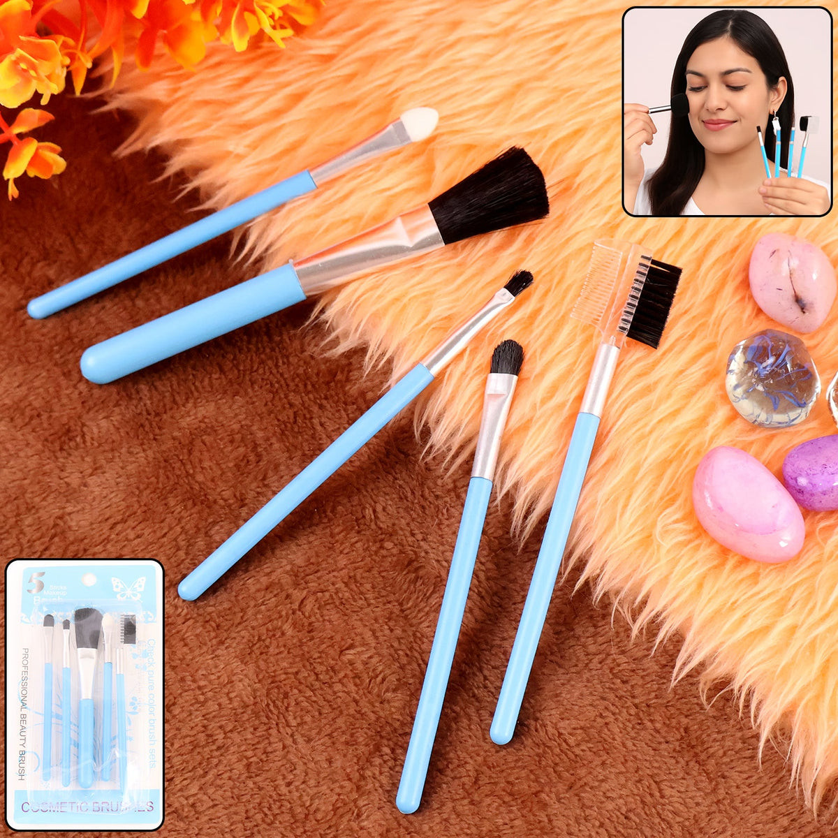 Professional 5-piece makeup brushes kit with soft synthetic bristles arranged on a clean surface. Main image