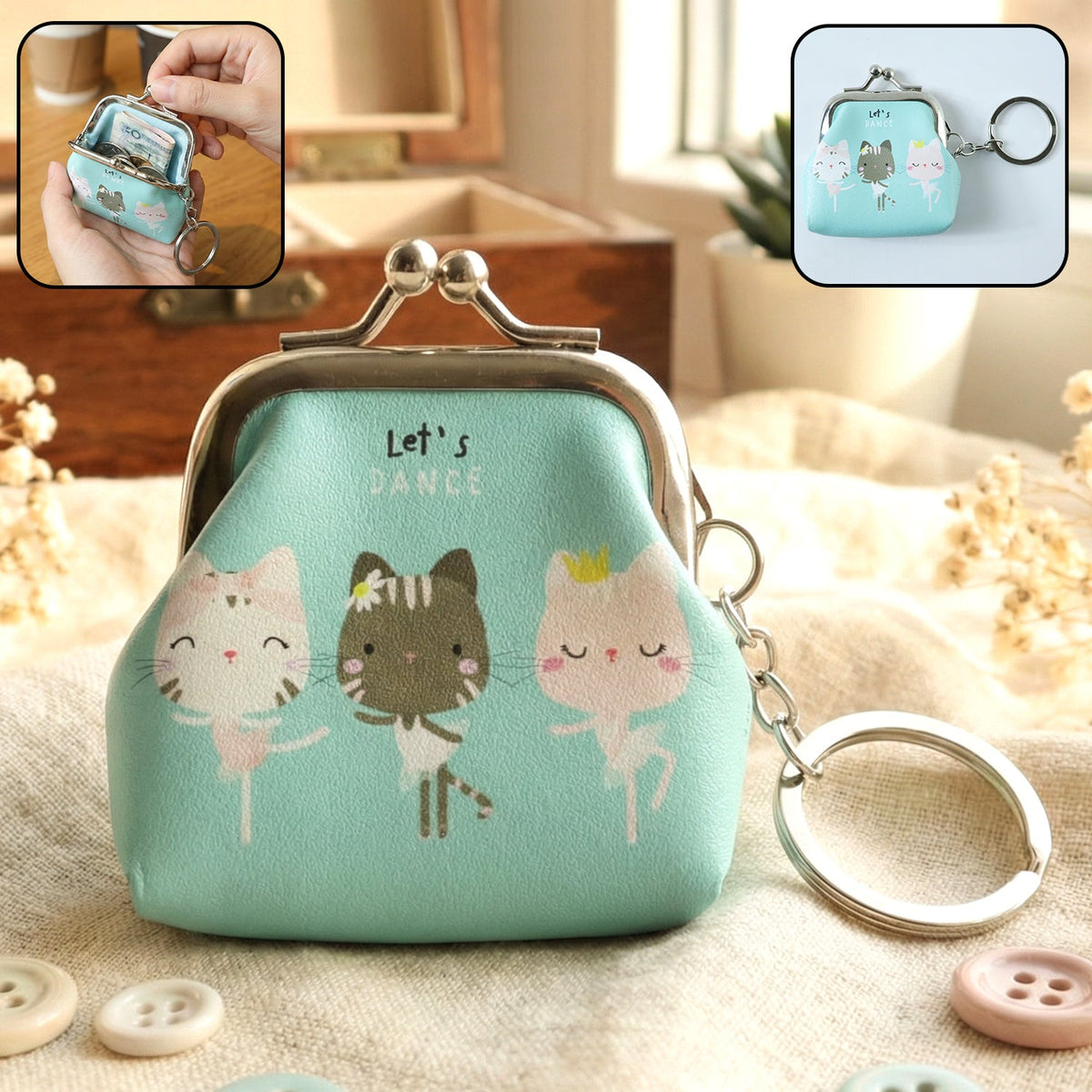 Cartoon cat mini coin purse keychain with metal clasp lock Main image
