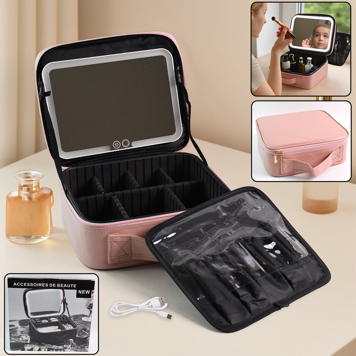Premium LED makeup organizer box with touch sensor mirror and adjustable compartments Main image