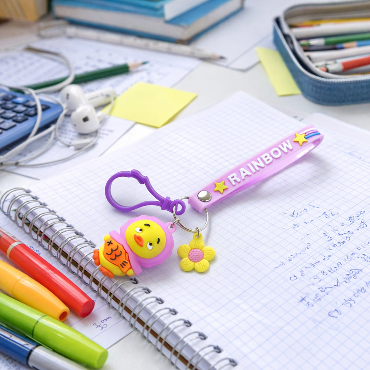 Rainbow Duck Keychain with soft silicone rainbow strap and cartoon duck pendant Main image