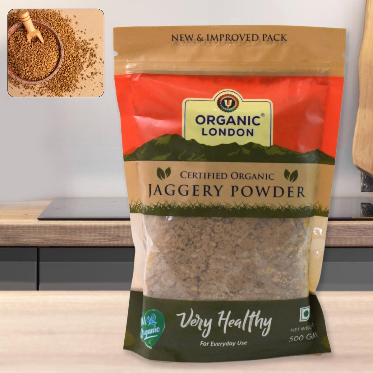 Organic jaggery powder 500g packaging with natural theme on display Main image
