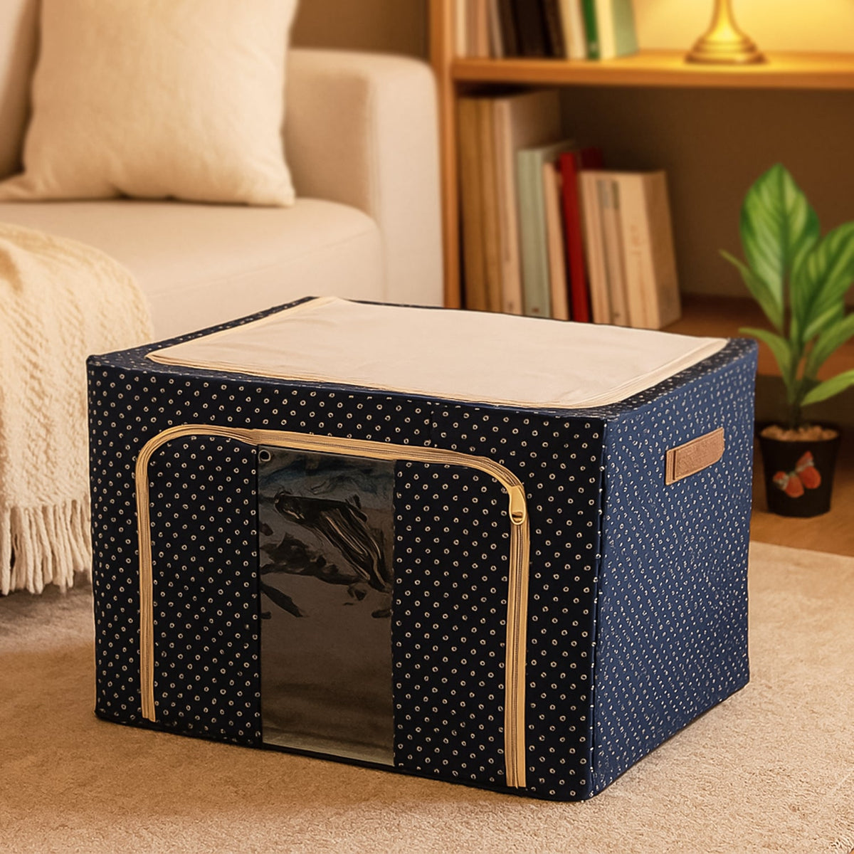 Foldable Steel-Frame Clothes Storage Box with clear window for easy viewing of contents. Main image