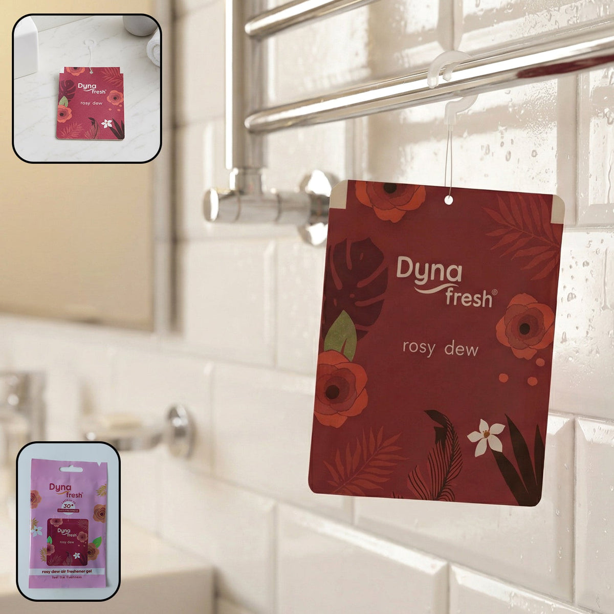 Rosy Dew Hanging Air Freshener gel with a vibrant floral fragrance for fresh spaces. Main image