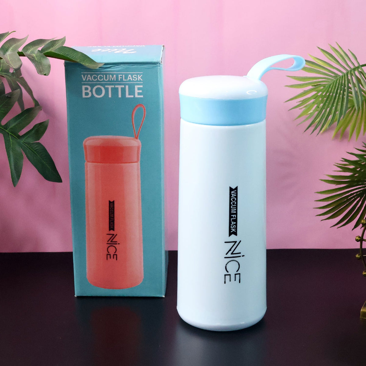 Plastic flask water bottle in blue lid and white body with 400ML capacity Main image