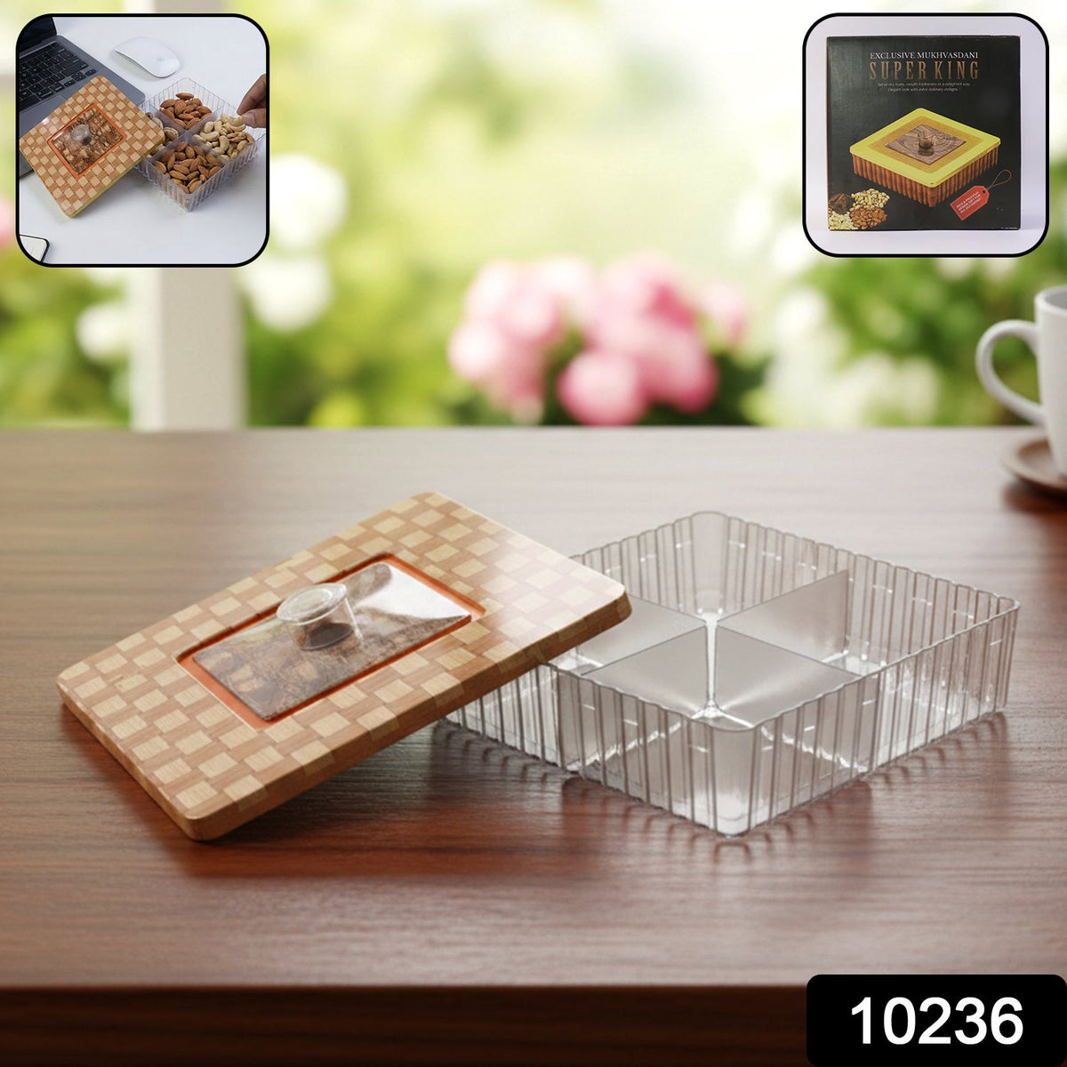 Elegant plastic dry fruit box with a woven design and four compartments Main image
