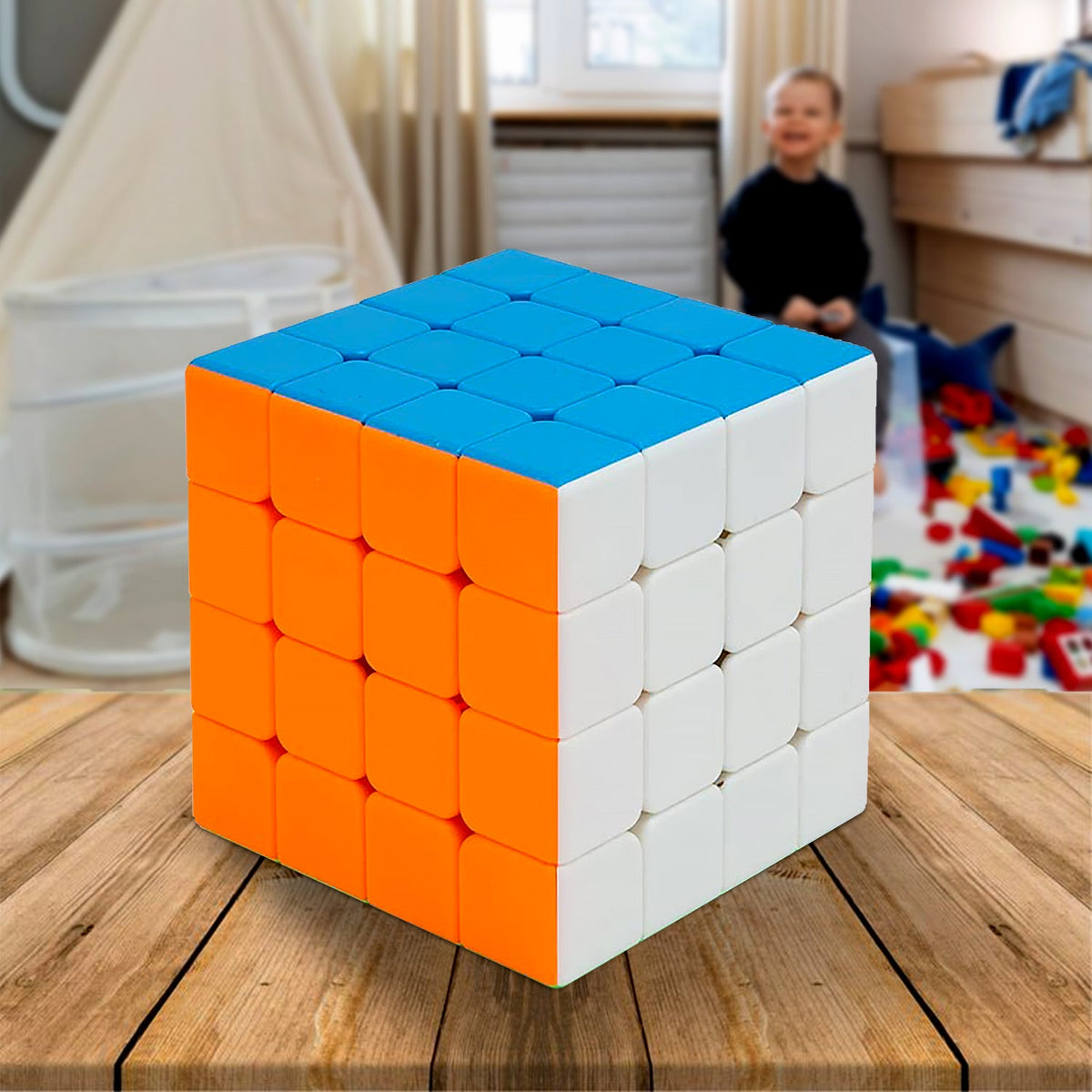 Front view of the vibrant 4x4x4 Magic Cube, showcasing its stickerless design. Main image