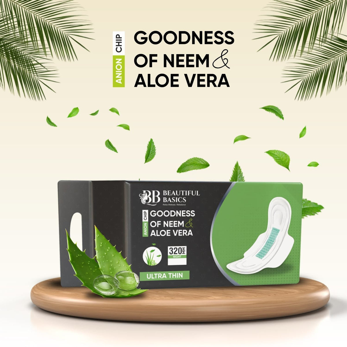 Pack of 32 ultra-thin sanitary pads with Neem and Aloe Vera for women. Main image