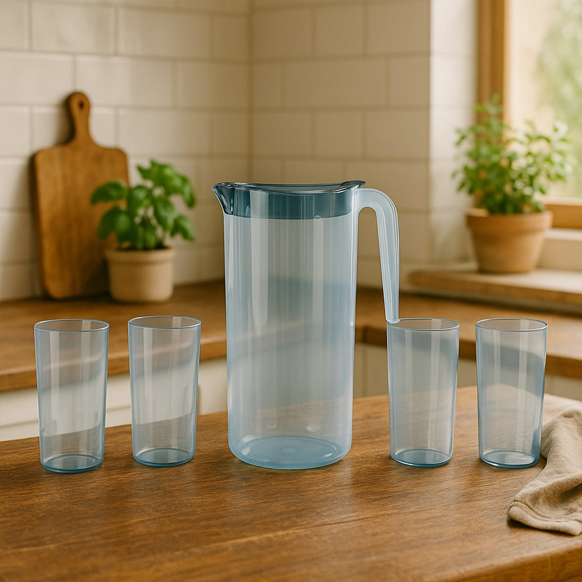 Crystal Premium Jug 1500ml with lid and 4 glasses set in transparent BPA-free plastic Main image