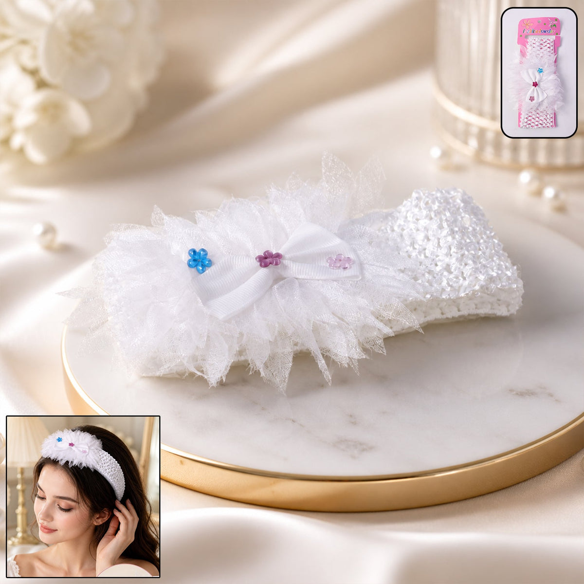 Elegant floral baby headband in soft elastic fabric with a floral bow design Main image